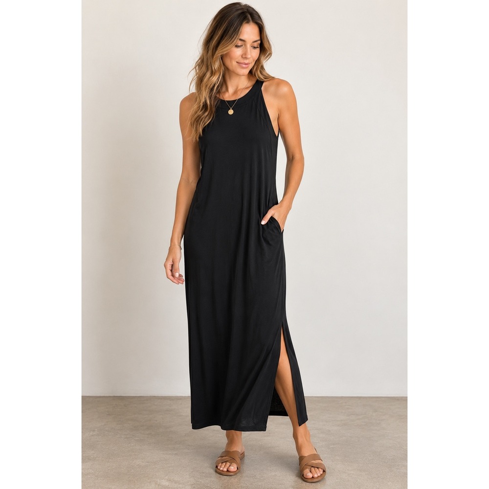 J. Jill Black Slub Knit Size Medium Tank Maxi Dress Pockets Minimalist Classic